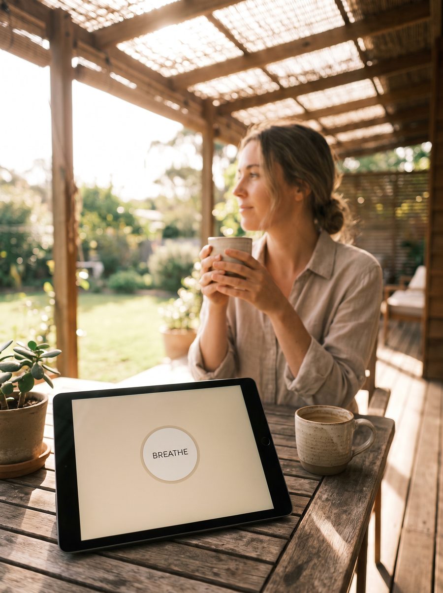 Morgenkaffee auf der Terrasse, Tablet auf dem Tisch