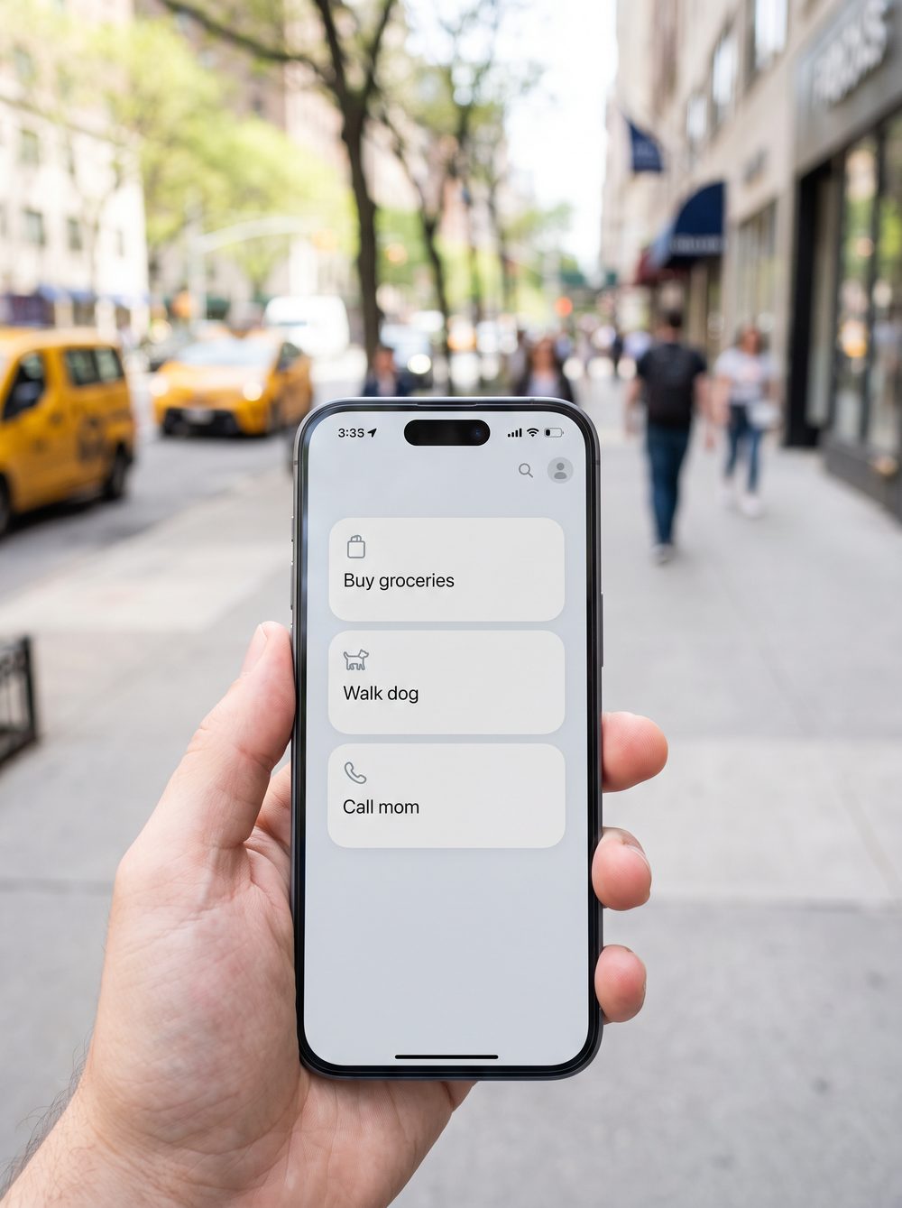 Ein Telefon in der Hand auf einer sonnigen Straße