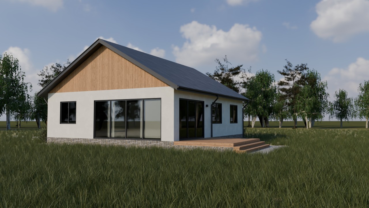 Utkast til visualisering av huset etter plantegningen fra første steg: lys puss, kledning på gavlen, mørkt tak, panoramavinduer og en terrasse mellom furutrær
