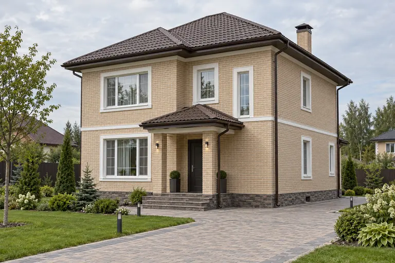 Visualisering av et hus i to etasjer i beige tegl med valmtak