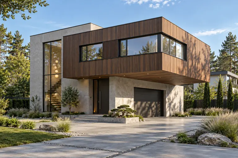 Visualisering av et moderne hus i to etasjer med flatt tak og utkraget andre etasje