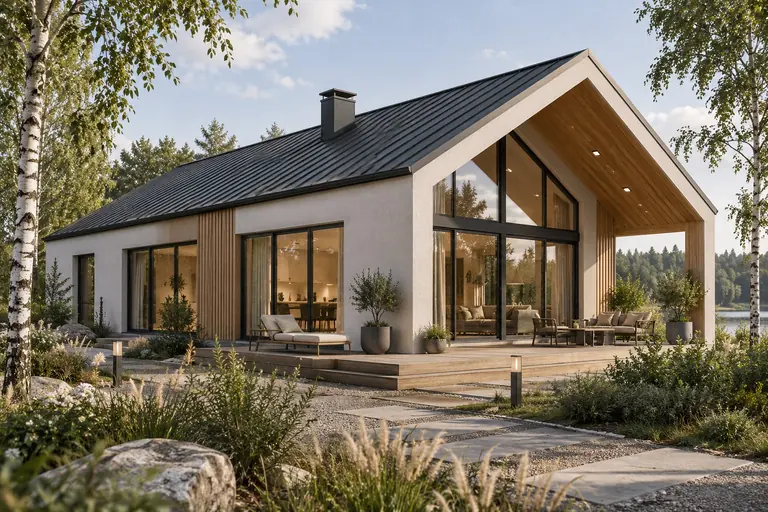 Visualisierung eines eingeschossigen Hauses: heller Putz, Einsätze aus senkrechten Brettern, graphitfarbenes Stehfalzdach, Panoramafenster und eine Terrasse zwischen Birken