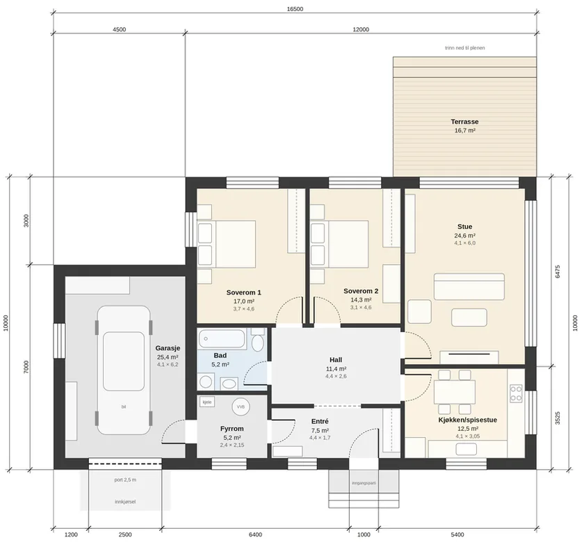 Plantegning av et hus på én etasje, 12 ganger 10 meter, med garasje og terrasse