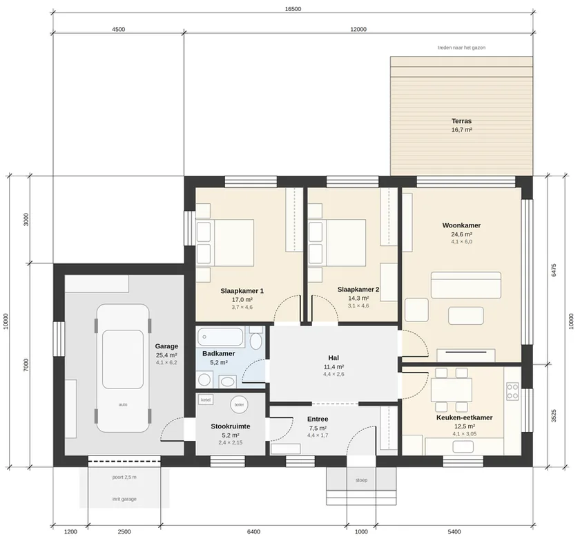 Plattegrond van een gelijkvloers huis van 12 bij 10 meter met garage en terras